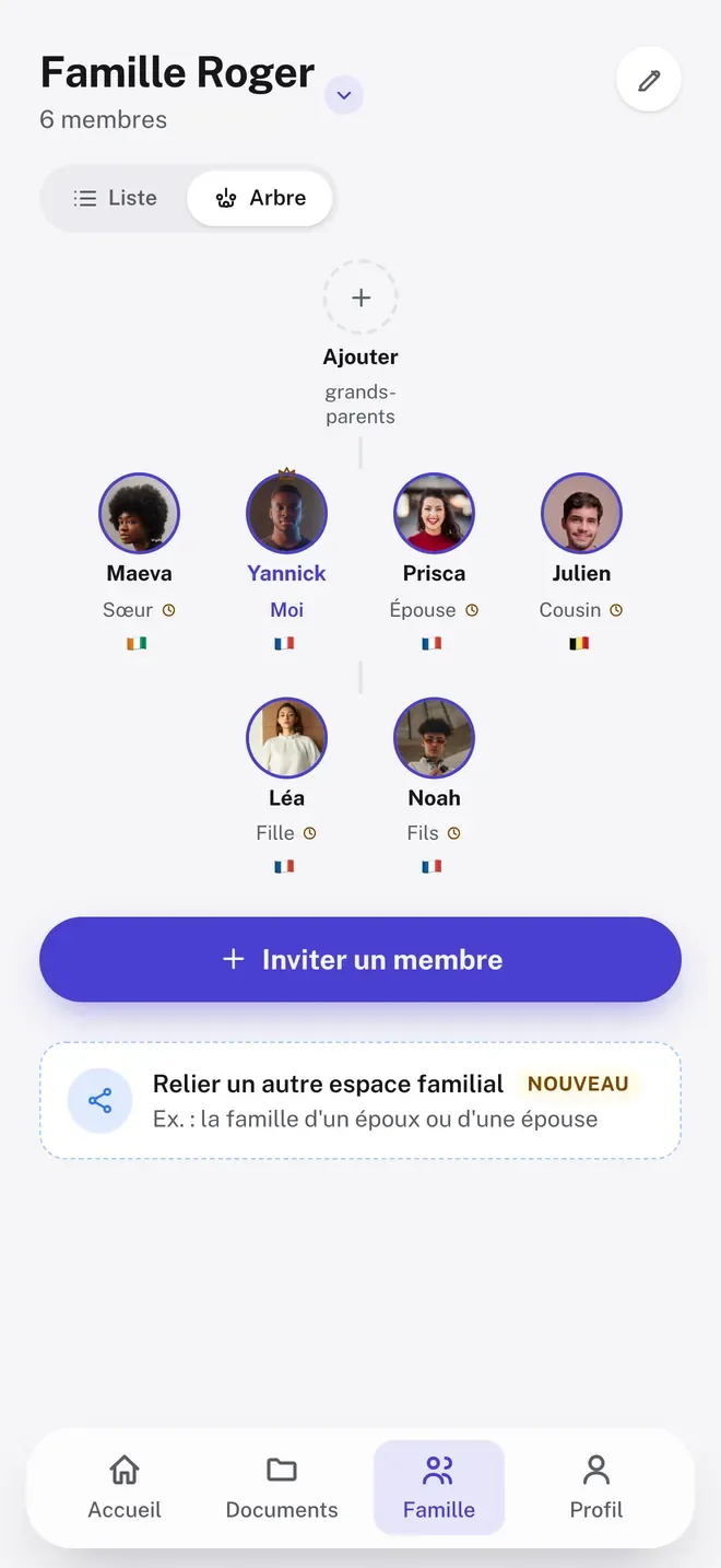 Capture de l'App Store : Invitez les membres de votre famille, avec l'écran Inviter un membre de l'application.